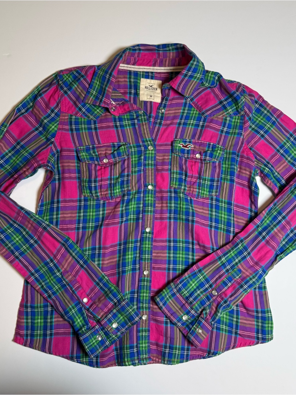 Hollister Bright Pink and Blue Plaid Button-Down Shirt